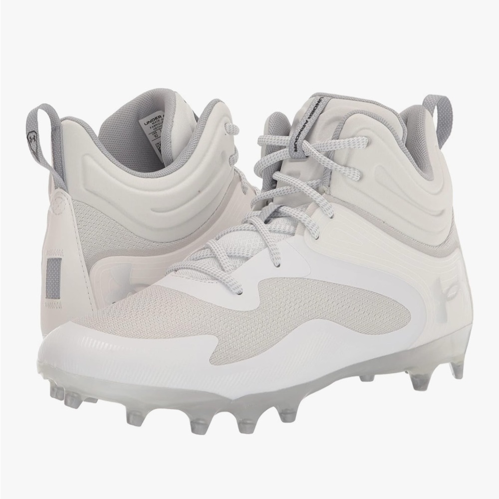 New Under Armor Men's Command Mid Lacrosse Mt TPU Cleat Shoe USA 10.5 White Gray